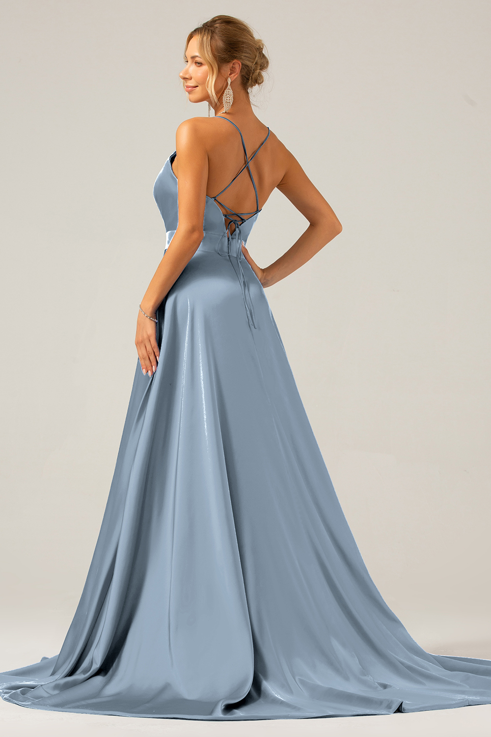 A Line Satin Royal Blue Spaghetti Straps Prom Dress with Slit