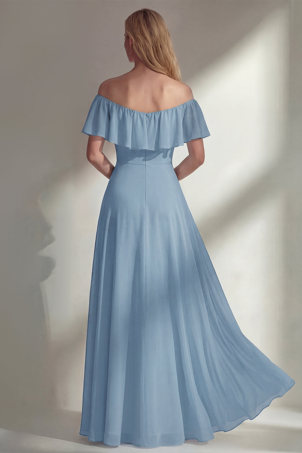 A Line Burgundy Ruffed Off the Shoulder Long Bridesmaid Dress with Slit