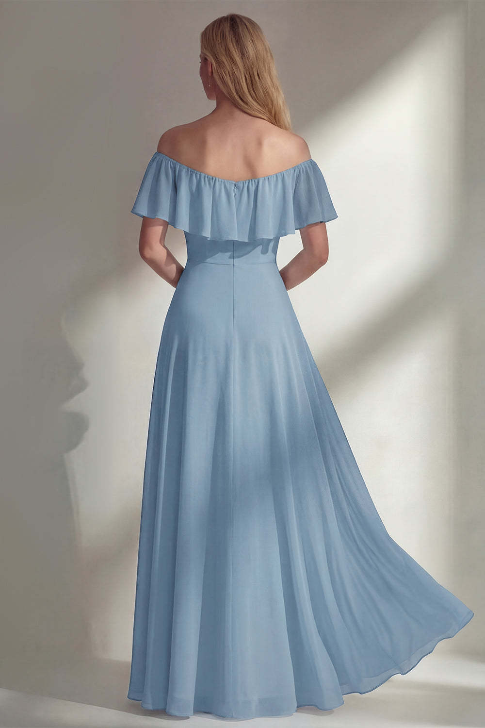 A Line Burgundy Ruffed Off the Shoulder Long Bridesmaid Dress with Slit