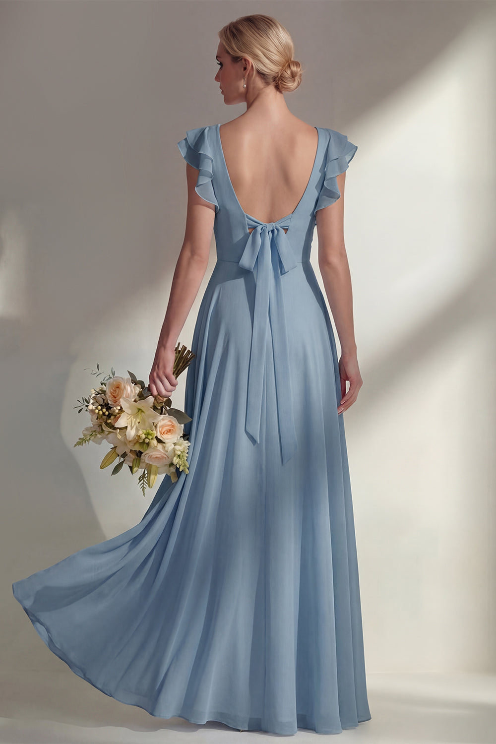 A Line Round Neck Ruffled Dusty Blue Long Bridesmaid Dress