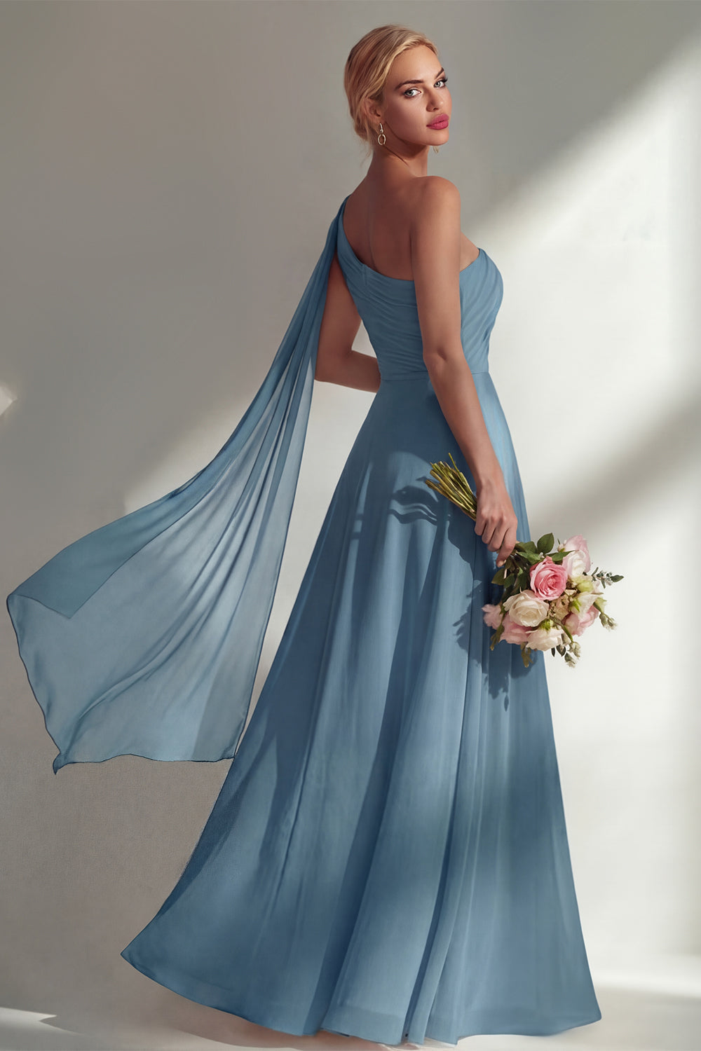 Burgundy One Shoulder Backless Ruched Long Bridesmaid Dress with Slit