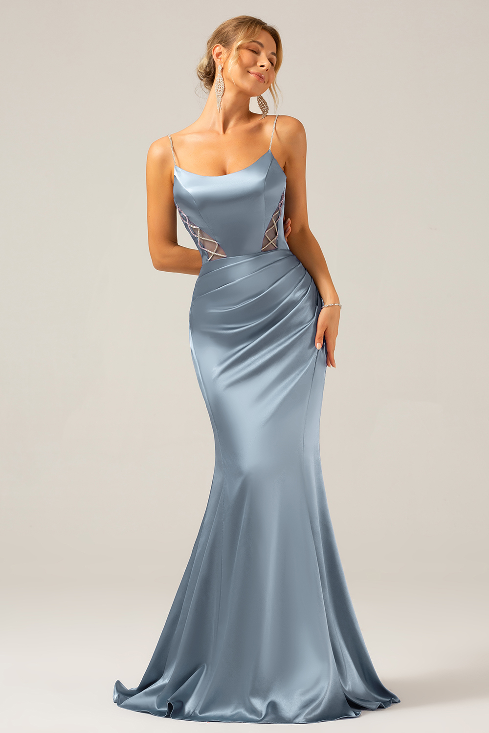 Grey Blue Mermaid Satin Spaghetti Straps Long Bridesmaid Dress