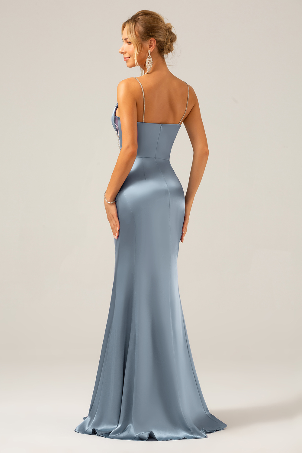 Grey Blue Mermaid Satin Spaghetti Straps Long Bridesmaid Dress