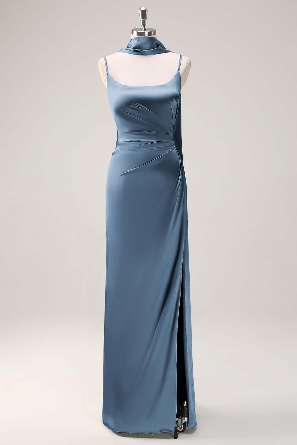 Sage Scoop Neck Sheath Satin Bridesmaid Dress with Ribbon