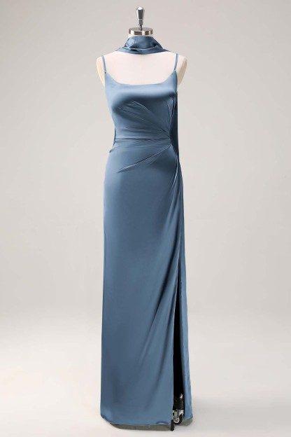 Sage Scoop Neck Sheath Satin Bridesmaid Dress with Ribbon