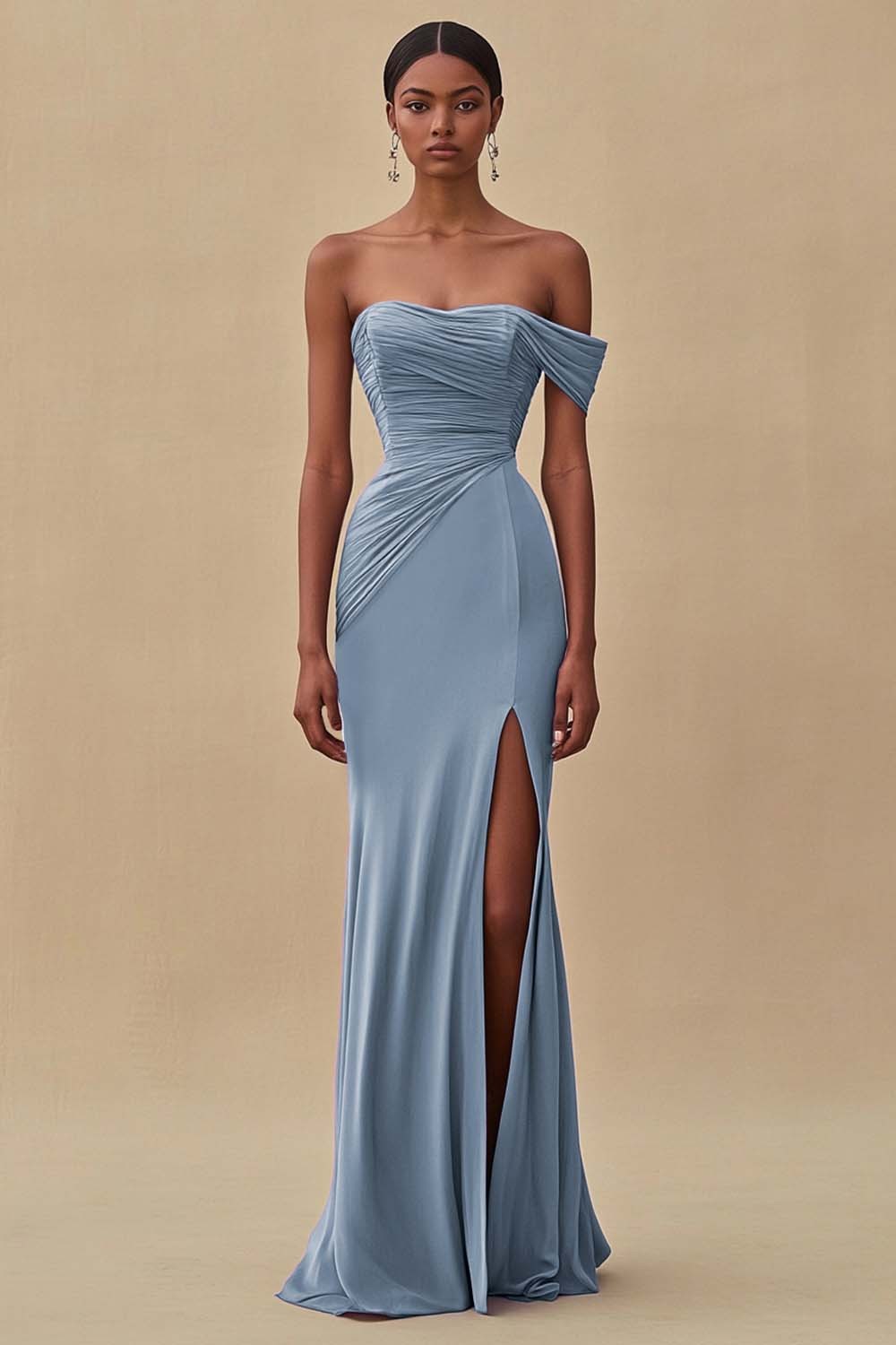 Chiffon Purple Ruched Sheath Formal Dress with Slit