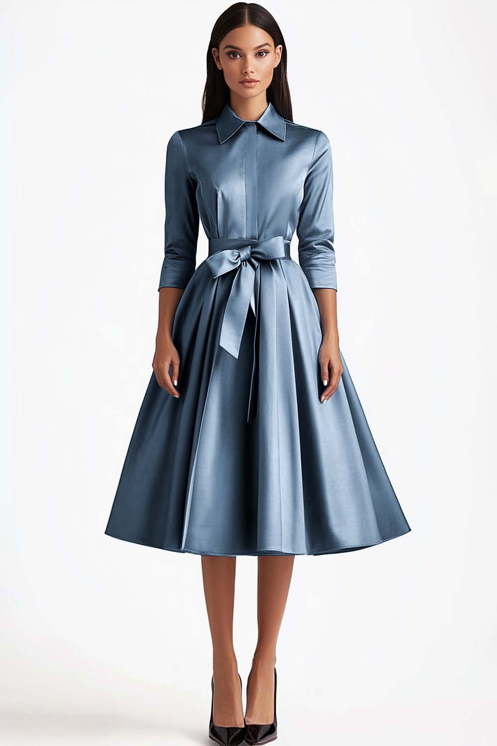 Blue 3/4 Sleeves A-Line Formal Dress with Sash