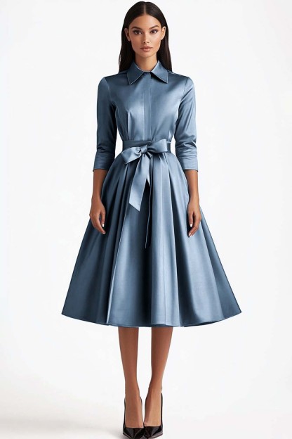 Blue 3/4 Sleeves A-Line Formal Dress with Sash