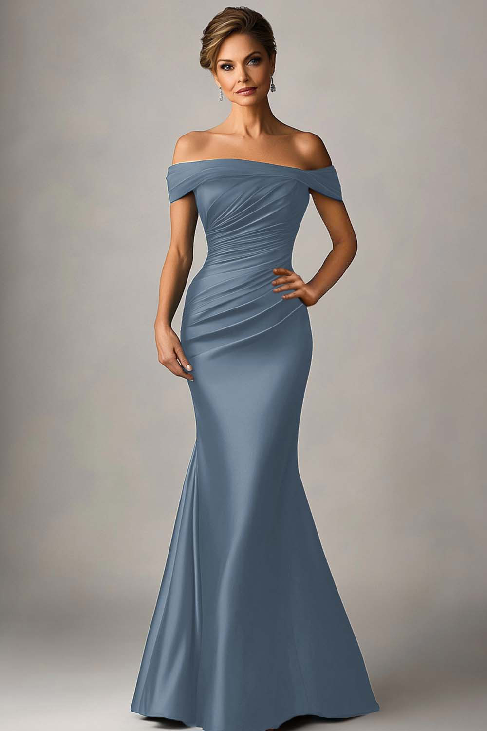 Peacock Blue Off the Shoulder Mermaid Satin Ruched Formal Dress
