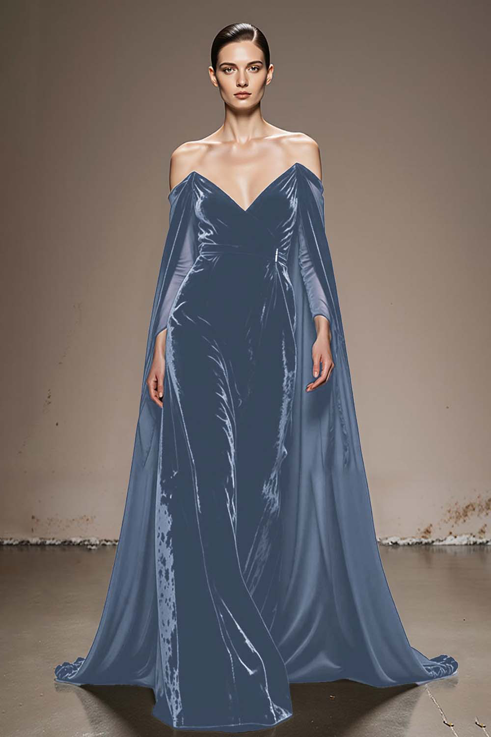 Black Velvet Off the Shoulder Long Evening Dress with Sleeves