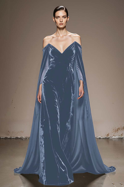 Black Velvet Off the Shoulder Long Evening Dress with Sleeves