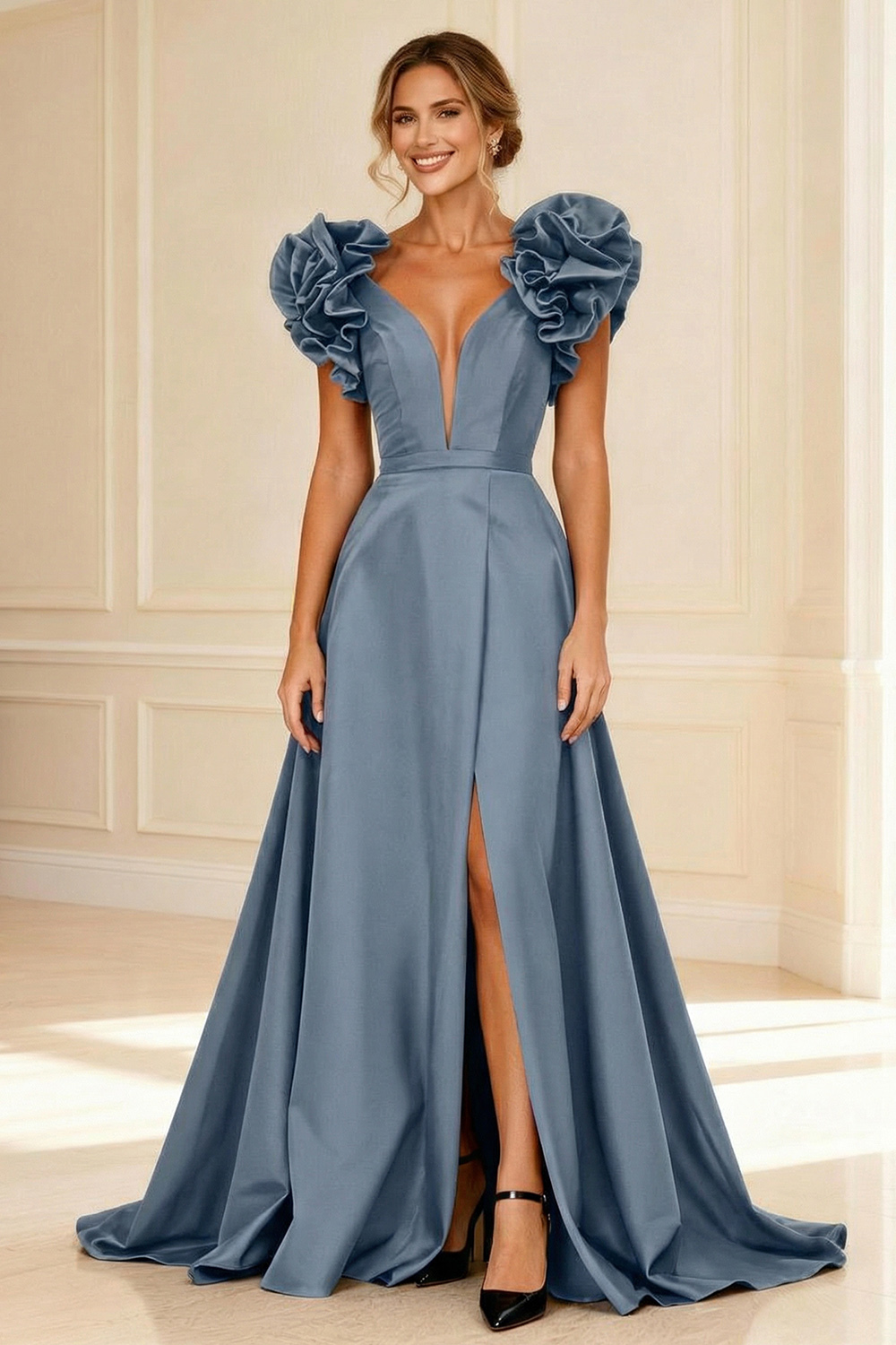 Black Deep V-Neck Ruffled Long Mother of the Bride Dress with Slit