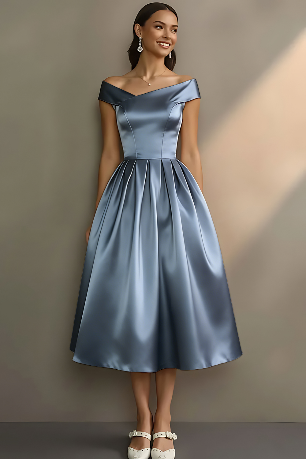 Simple White Off the Shoulder A Line Midi Engagement Dress