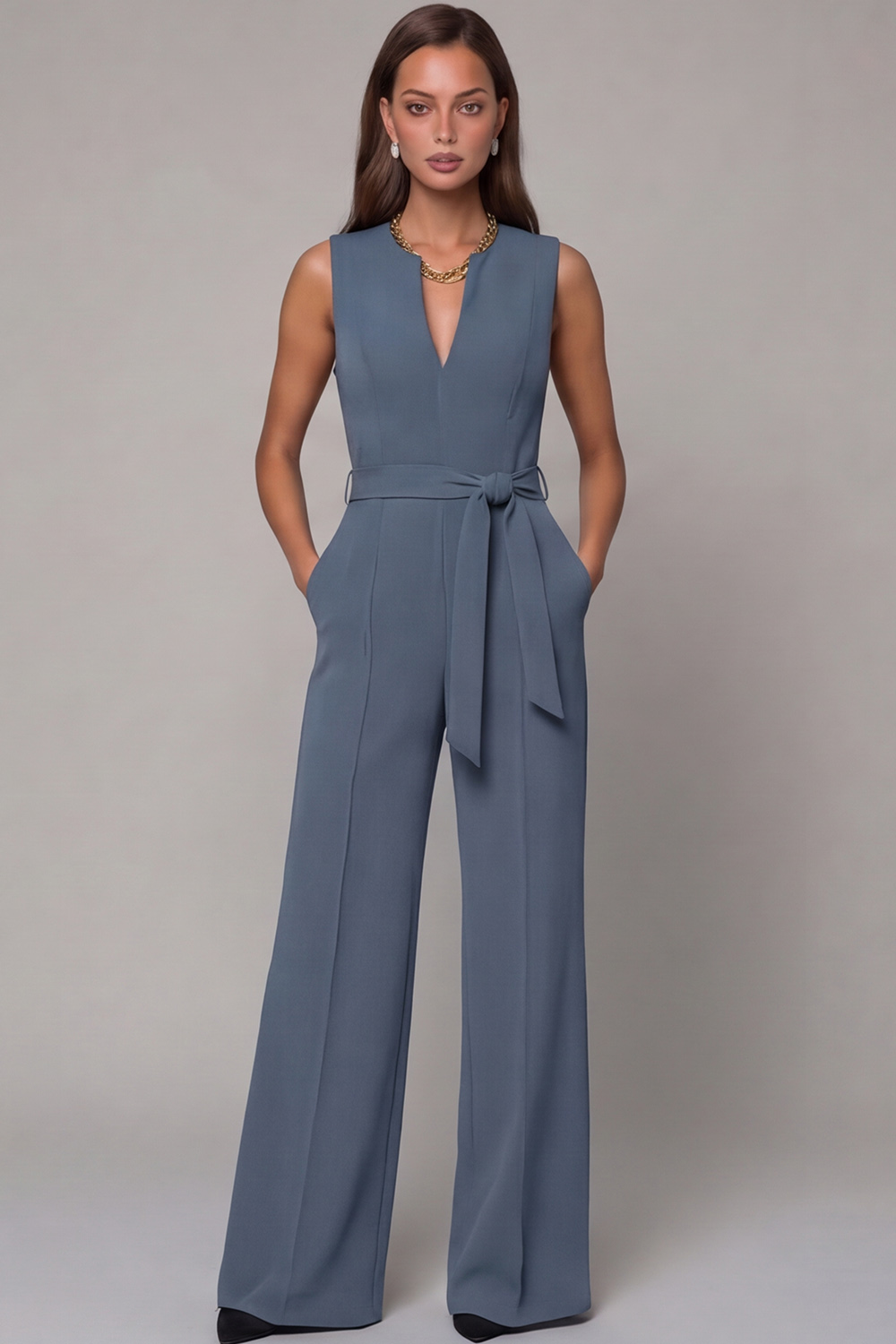 Navy V Neck Sleeveless Long Work Jumpsuit with Pockets
