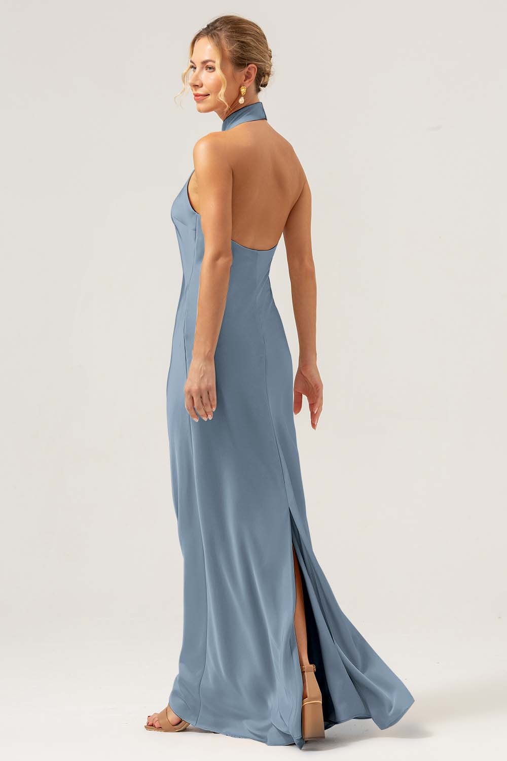 Champagne Halter Mermaid Satin Wedding Guest Dress with Back Slit