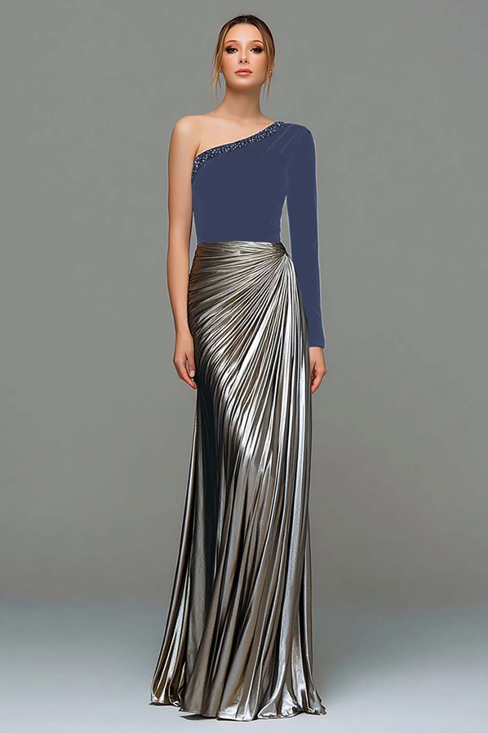 Metallic Black and Grey One Shoulder Velvet Long Holiday Party Dress