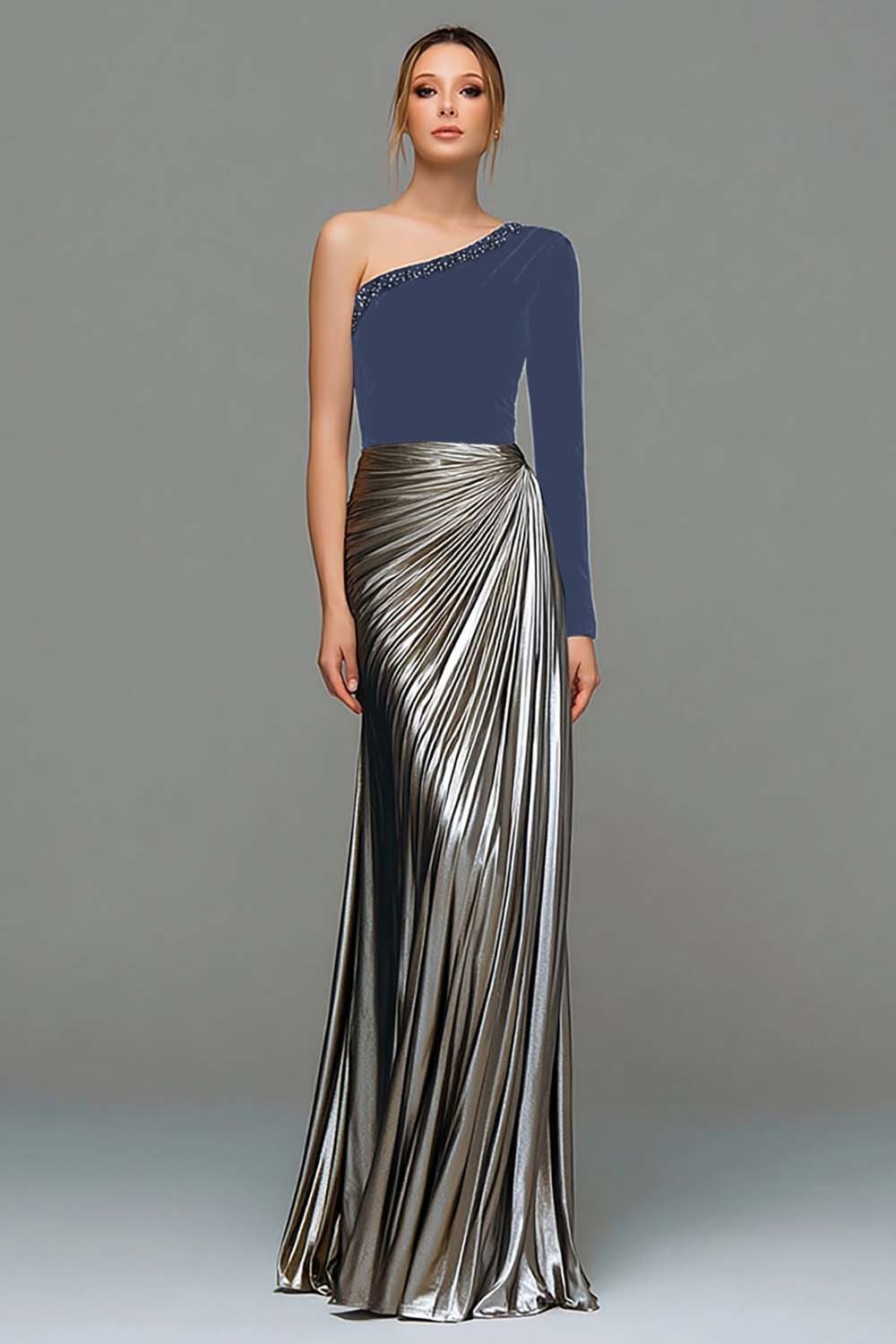Metallic Black and Grey One Shoulder Velvet Long Holiday Party Dress