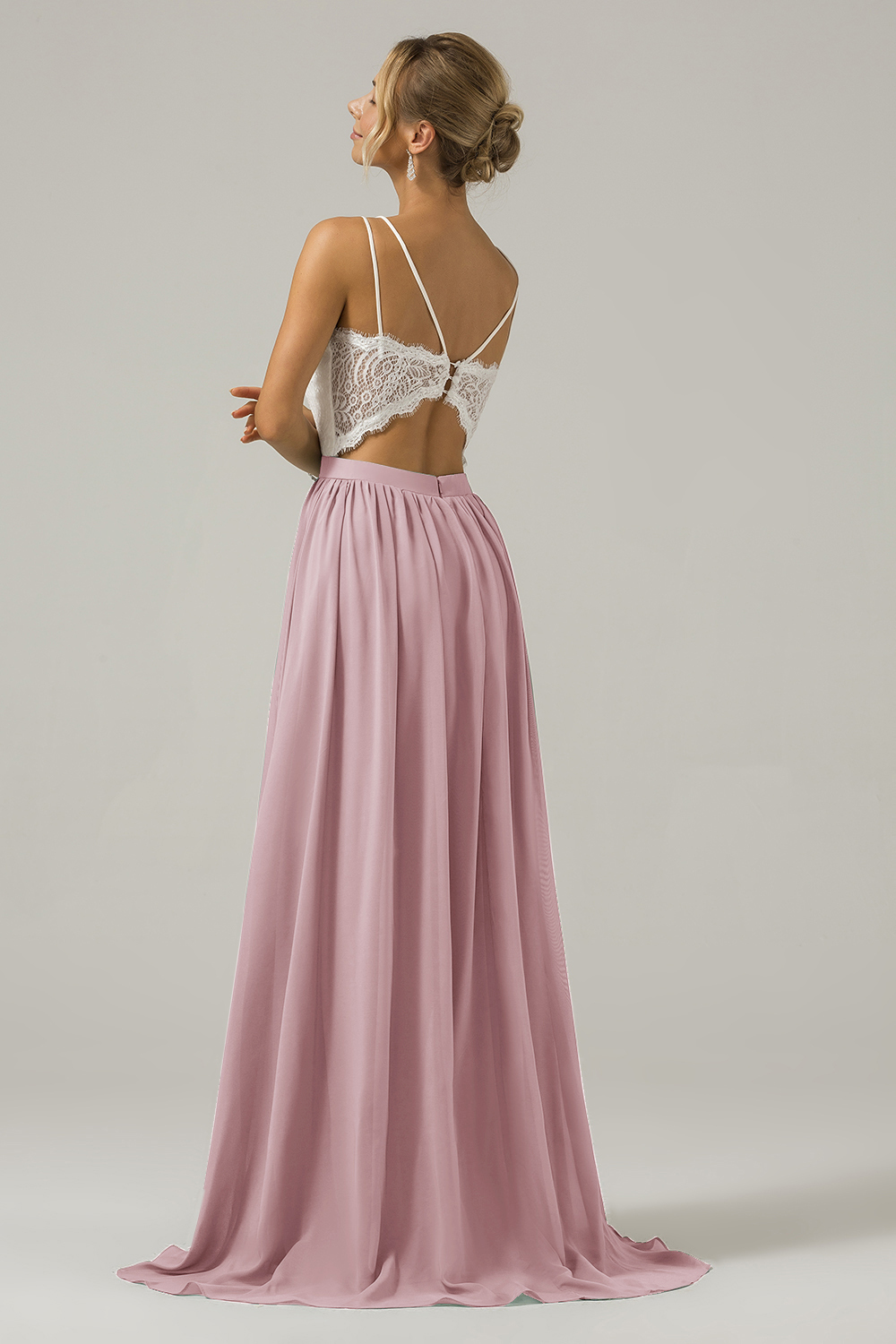 Eucalyptus A-Line Spaghetti Straps Pleated Long Bridesmaid Dress With Lace