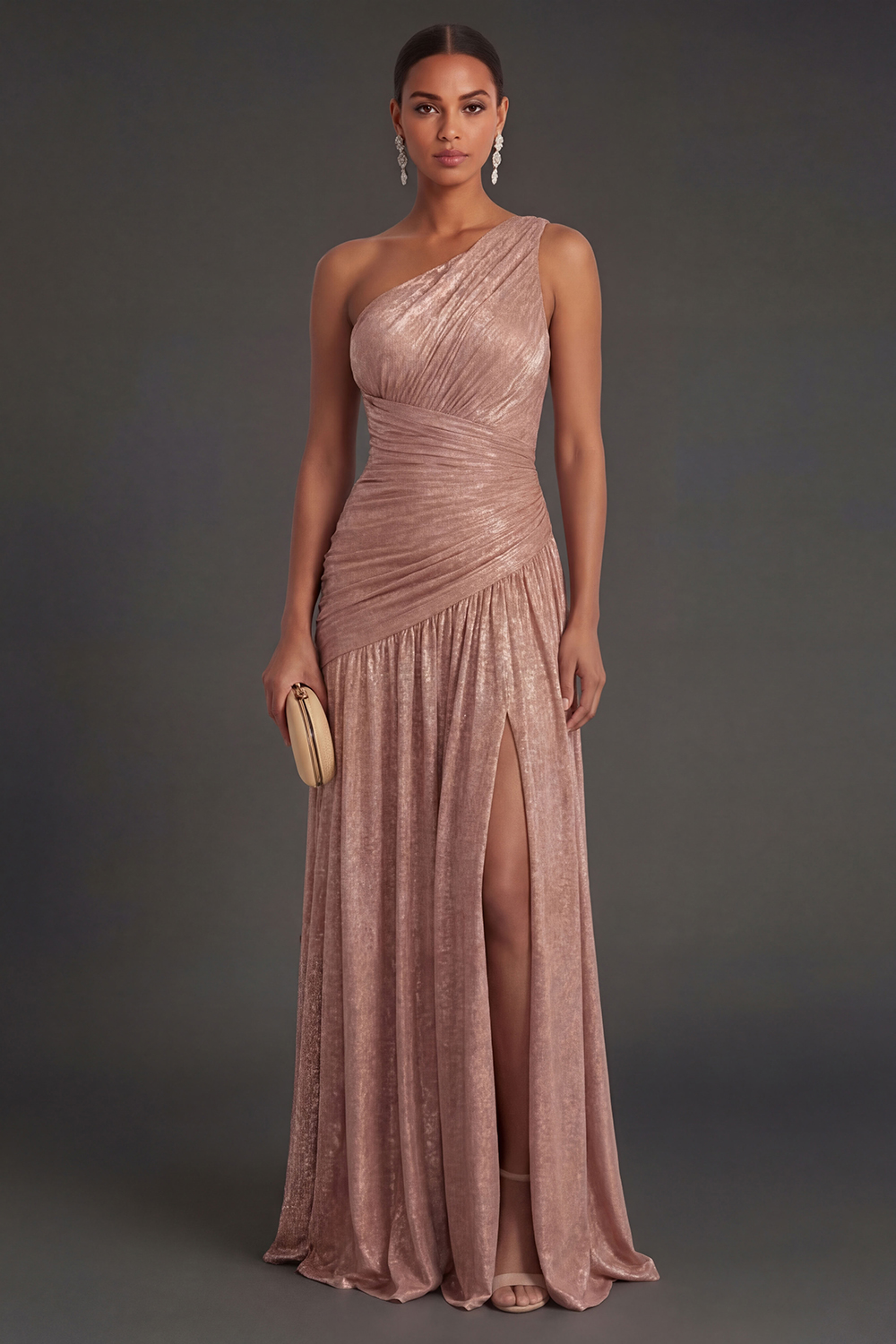 Leely Women One Shoulder Gold Sheath Long Formal Dress with Slit Ruched Sleeveless Backless Wedding Guest Dress
