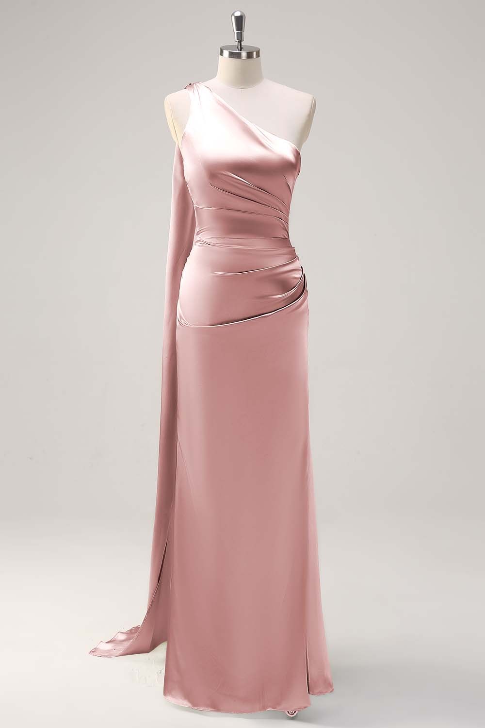 Sage One Shoulder Sheath Satin Watteau Train Bridesmaid Dress