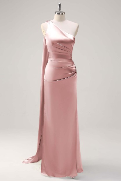 Sage One Shoulder Sheath Satin Watteau Train Bridesmaid Dress