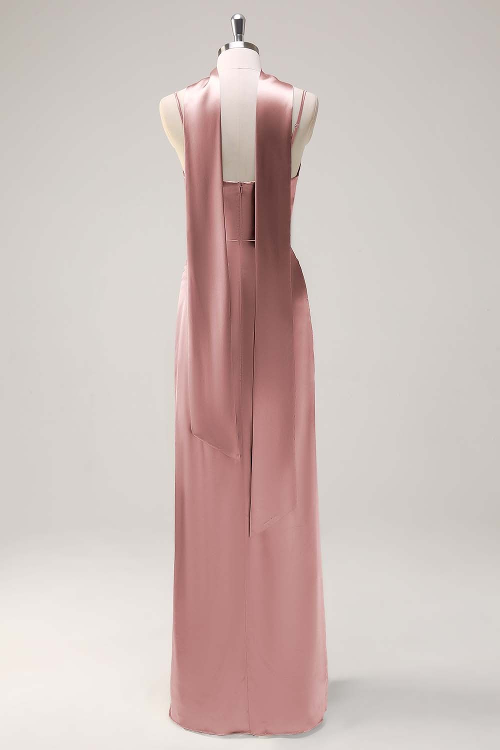 Sage Scoop Neck Sheath Satin Bridesmaid Dress with Ribbon