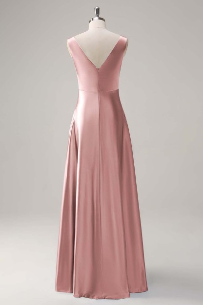 Simple Sky Blue V-Neck Satin A-Line Bridesmaid Dress