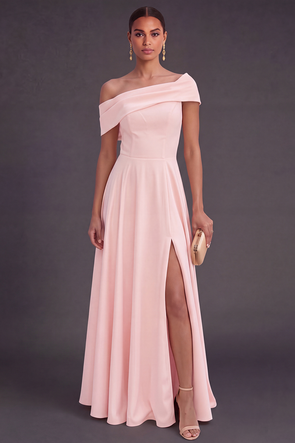 Leely Women Yellow Off the Shoulder A Line Long Wedding Guest Dress with Slit Backless Sleeveless Formal Dress