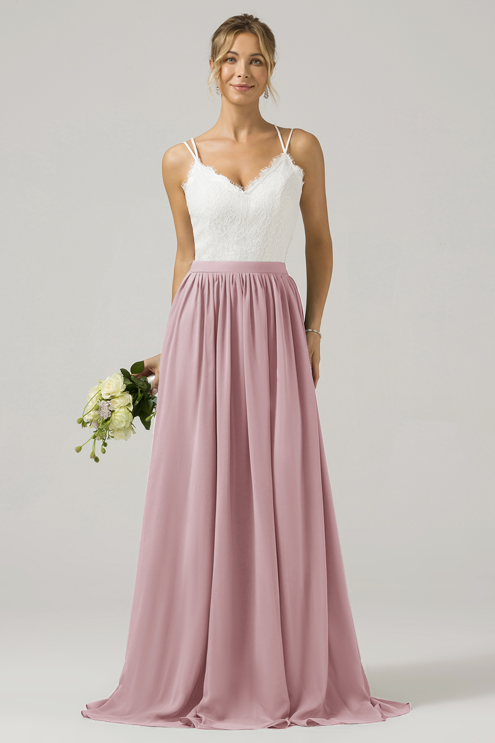 Eucalyptus A-Line Spaghetti Straps Pleated Long Bridesmaid Dress With Lace