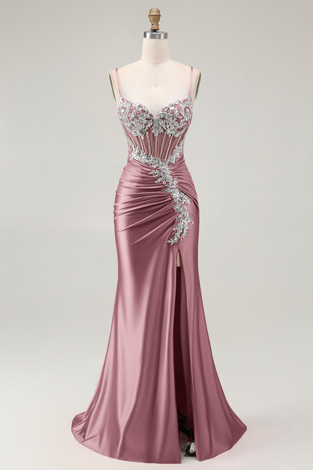 Sparkly Blush Corset Mermaid Ruched Maxi Prom Dress with Sequins