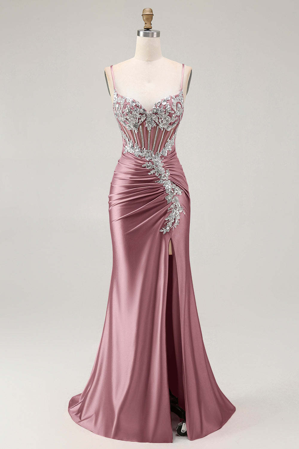 Sparkly Blush Corset Mermaid Ruched Maxi Prom Dress with Sequins