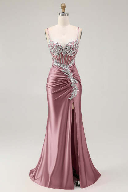 Sparkly Blush Corset Mermaid Ruched Maxi Prom Dress with Sequins
