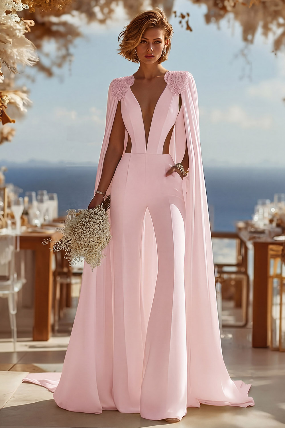Ivory Cut Out Deep V-Neck Bridal Jumpsuits with Cape