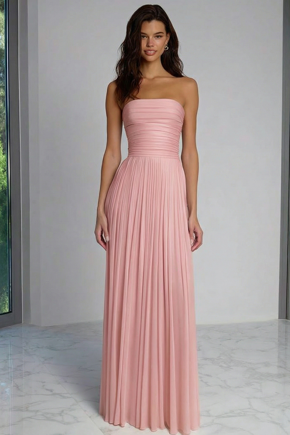 Champagne Pleated Sheath Strapless Long Bridesmaid Dress