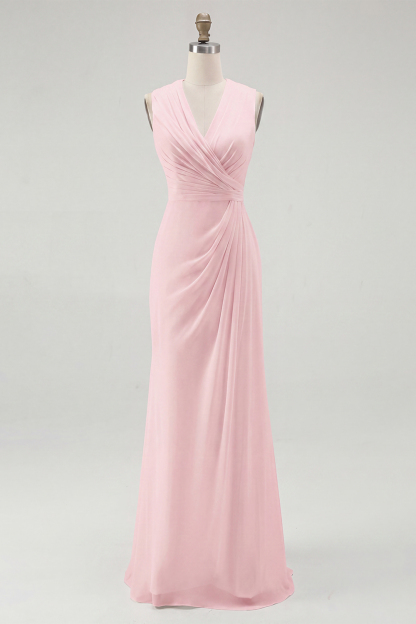 White Chiffon Sheath V-Neck Ruched Maxi Rehearsal Dinner Dress