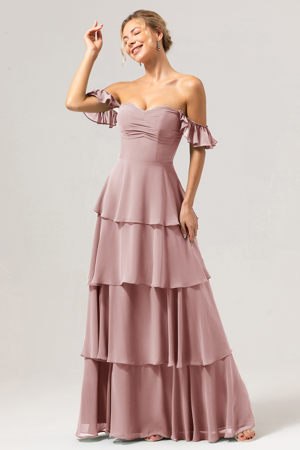 Eucalyptus Off the Shoulder Sweetheart Tiered A-Line Bridesmaid Dress