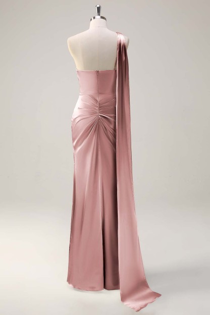 Sage One Shoulder Sheath Satin Watteau Train Bridesmaid Dress
