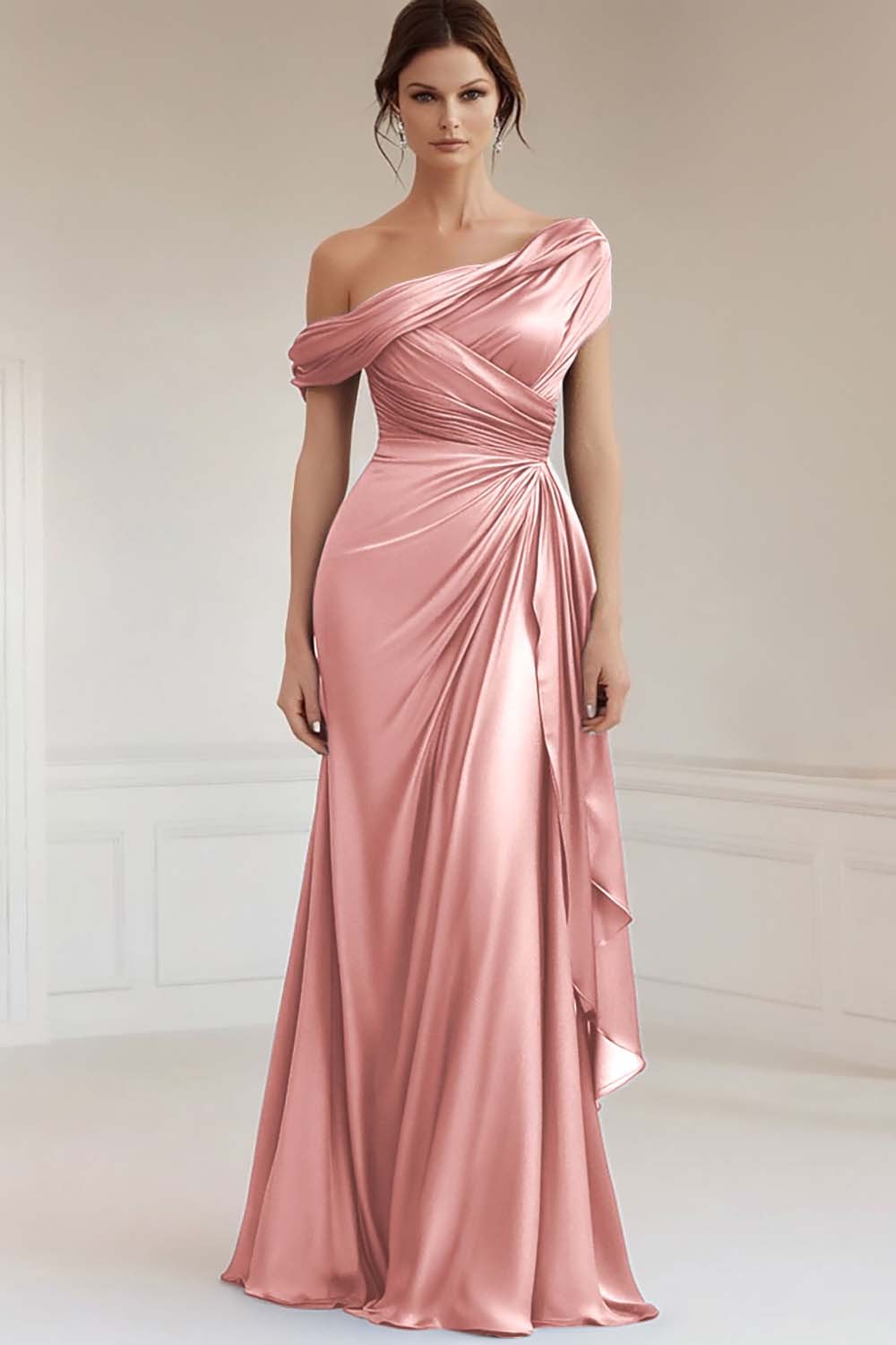 Grey Blue Satin One Shoulder Sheath Mother of the Bride Dress