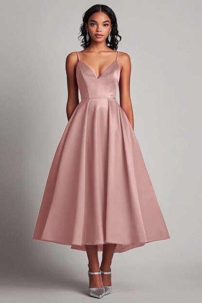 Red Satin A-Line Spaghetti Straps Tea Length Formal Dress