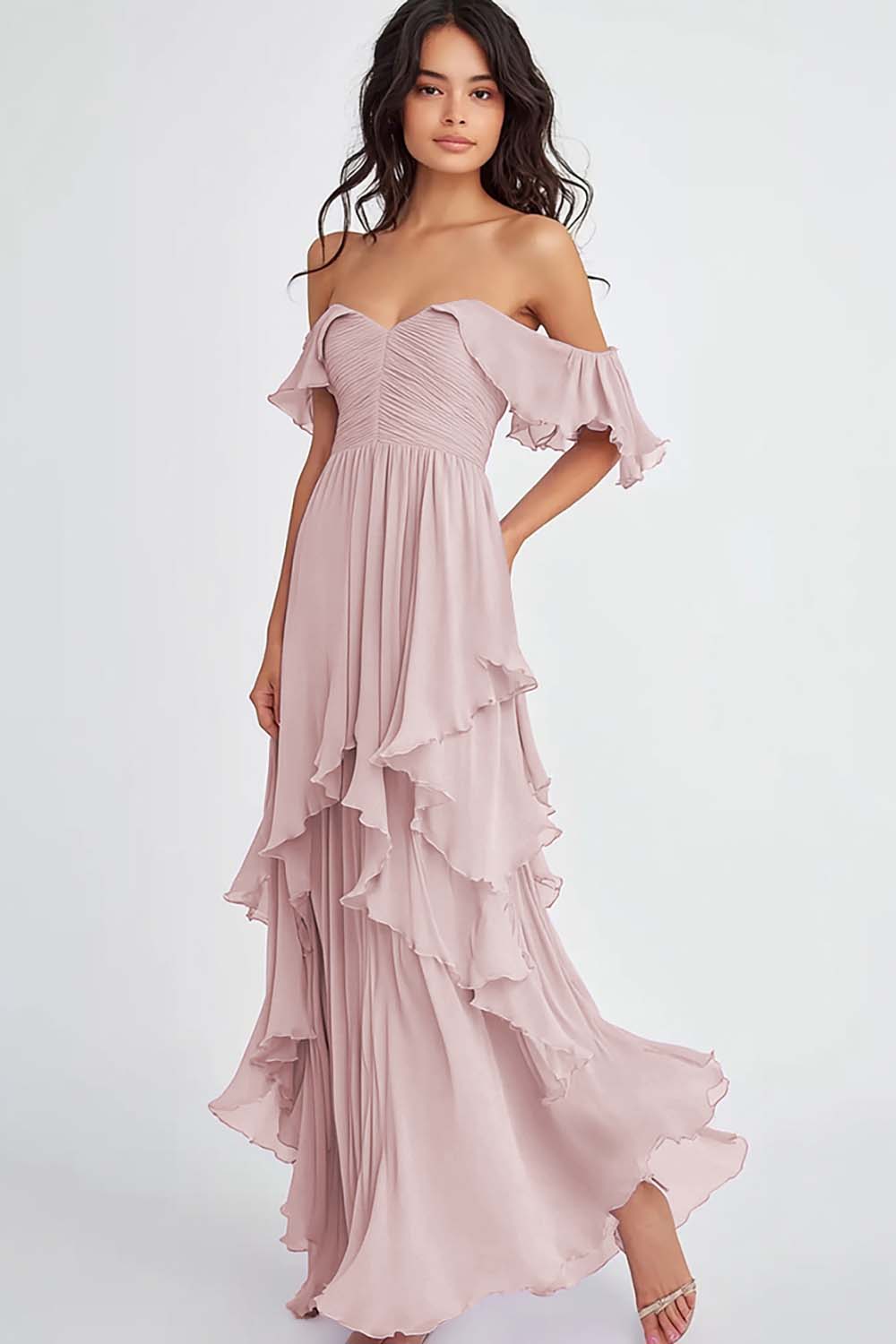 Lilac Off the Shoulder Ruffled Flowy A Line Long Formal Dress