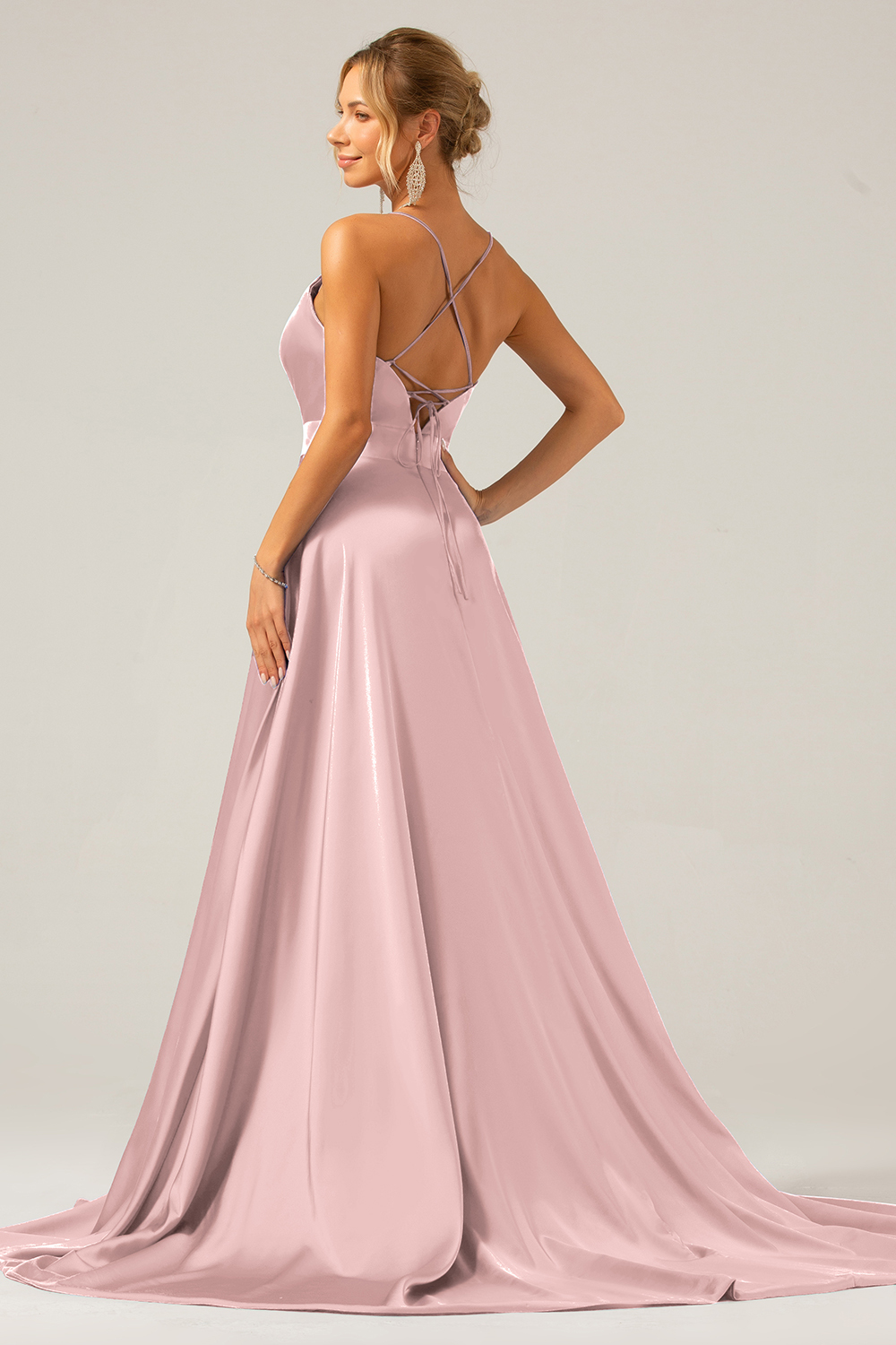 A Line Satin Royal Blue Spaghetti Straps Prom Dress with Slit