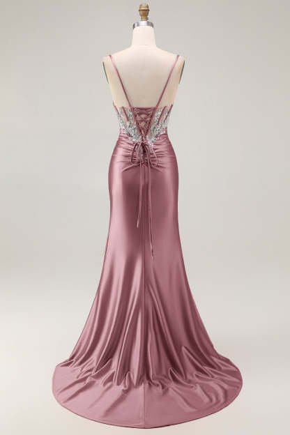 Sparkly Blush Corset Mermaid Ruched Maxi Prom Dress with Sequins