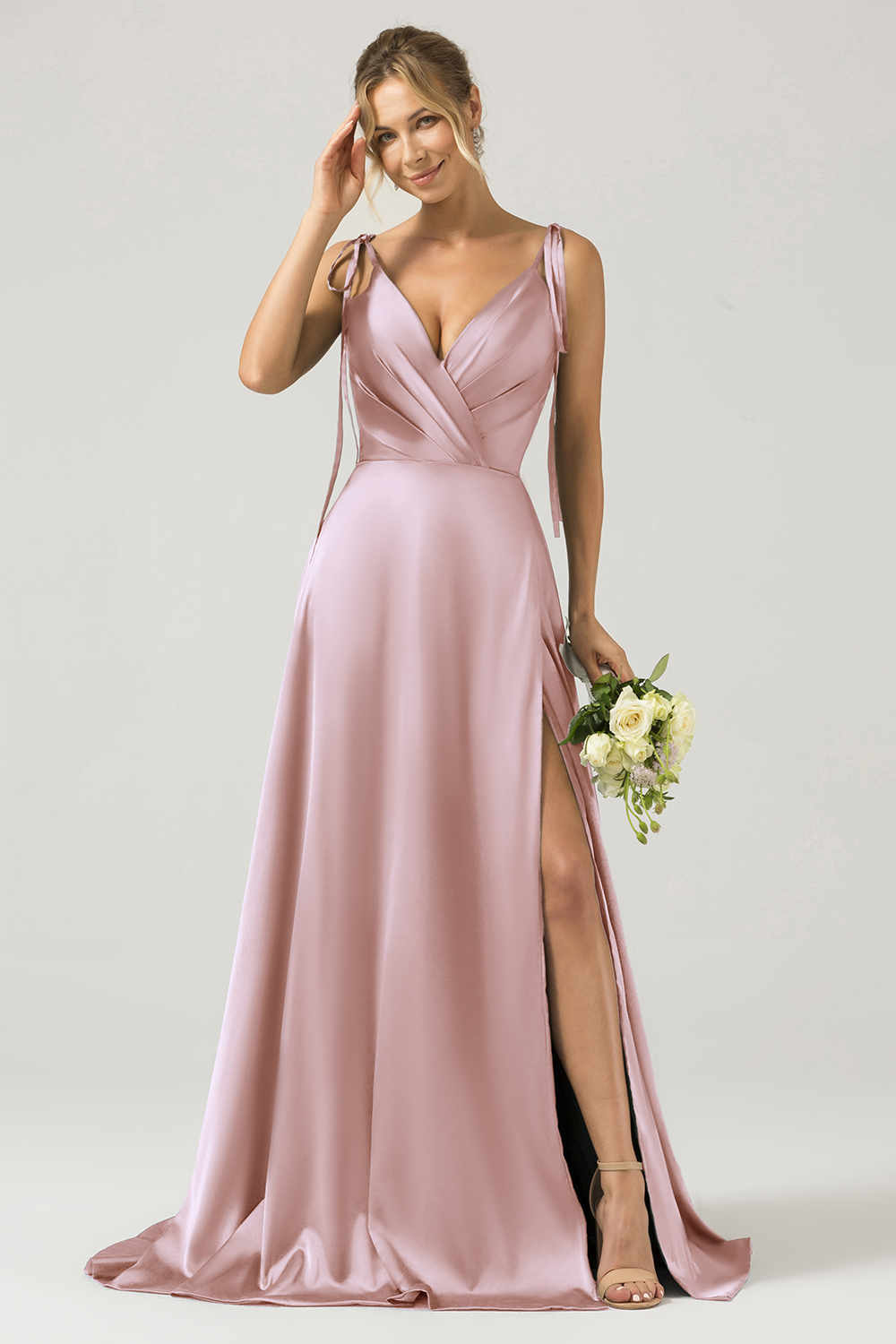 Dark Green A-Line Spaghetti Straps Satin Long Bridesmaid Dress With Slit