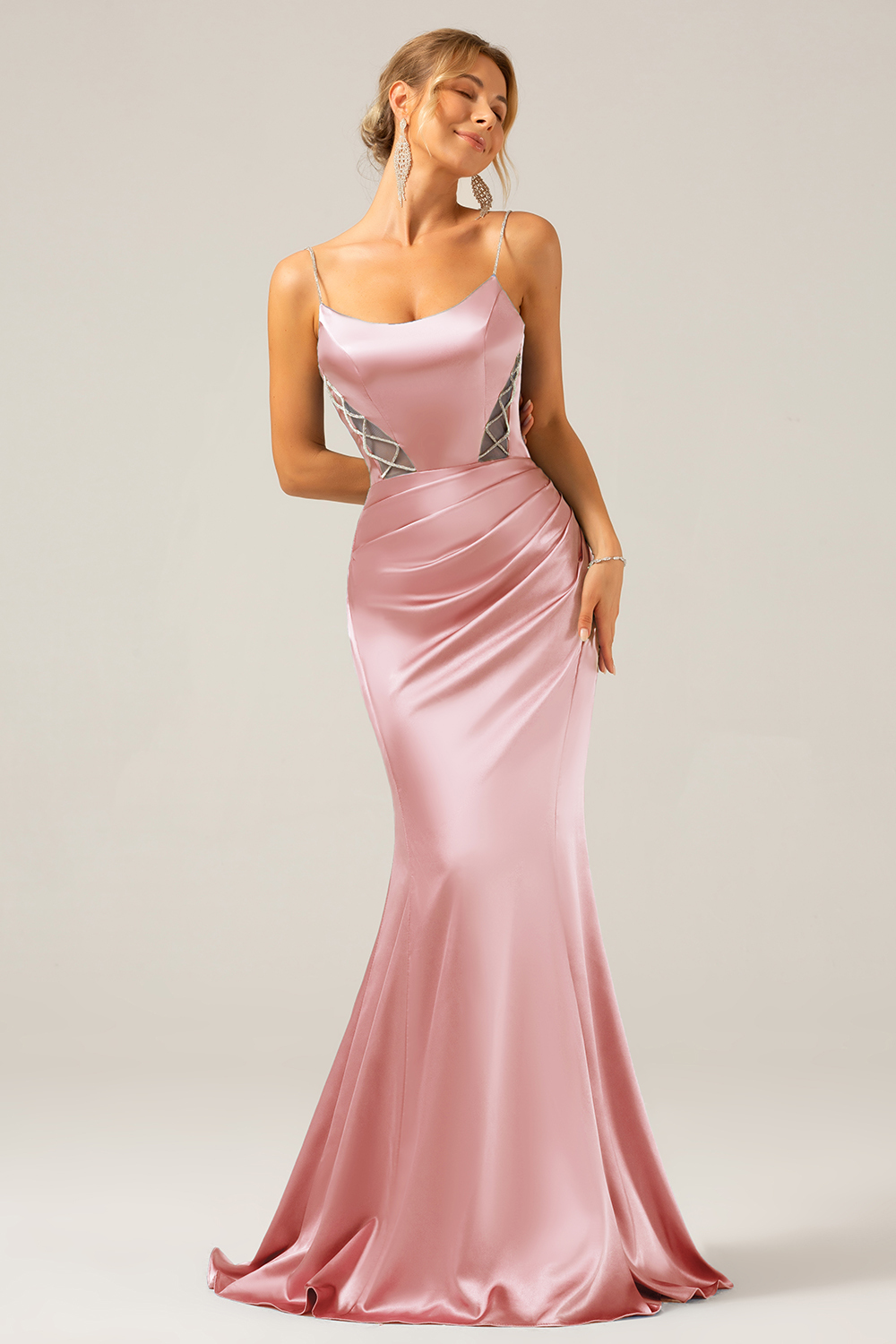 Grey Blue Mermaid Satin Spaghetti Straps Long Bridesmaid Dress