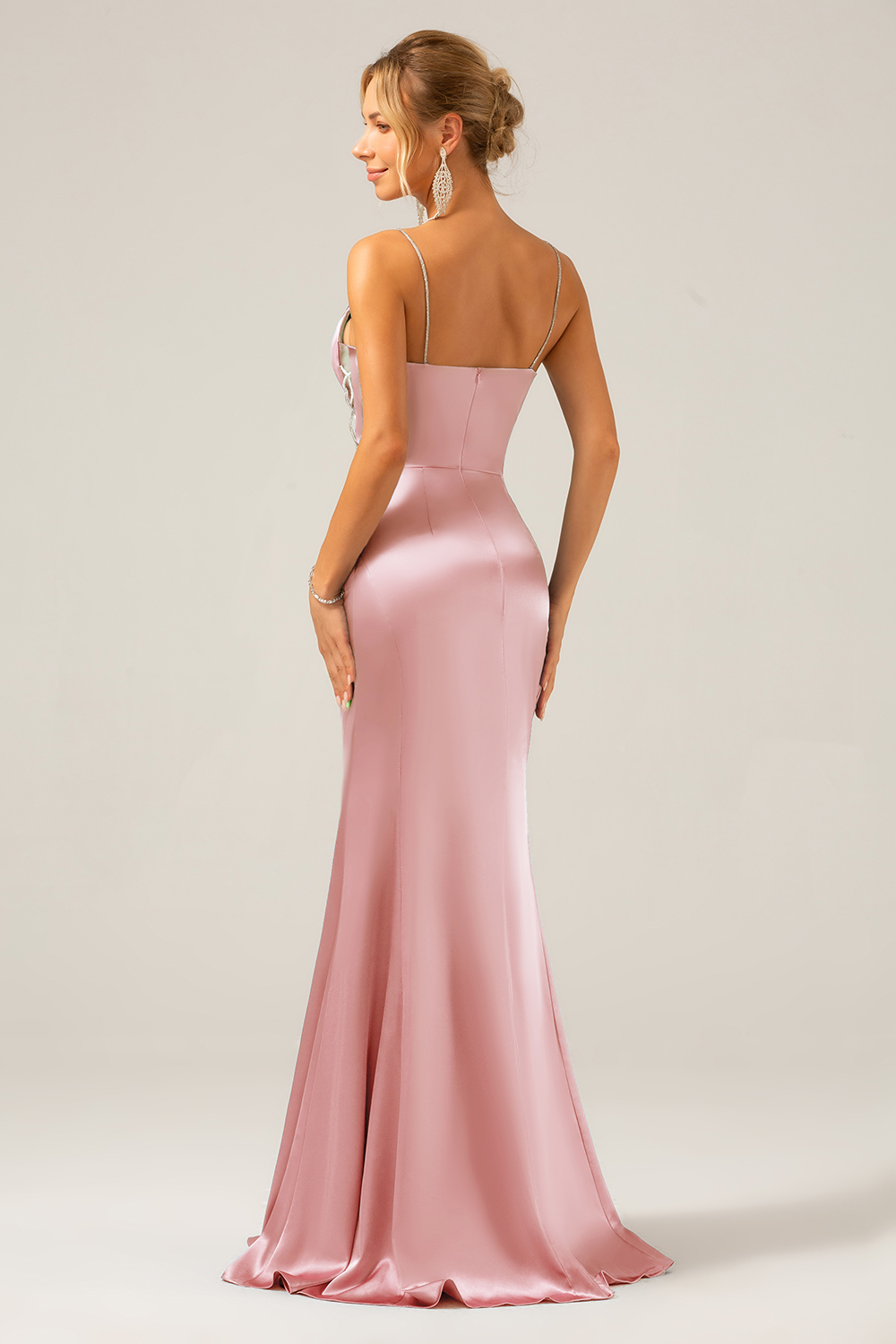 Grey Blue Mermaid Satin Spaghetti Straps Long Bridesmaid Dress