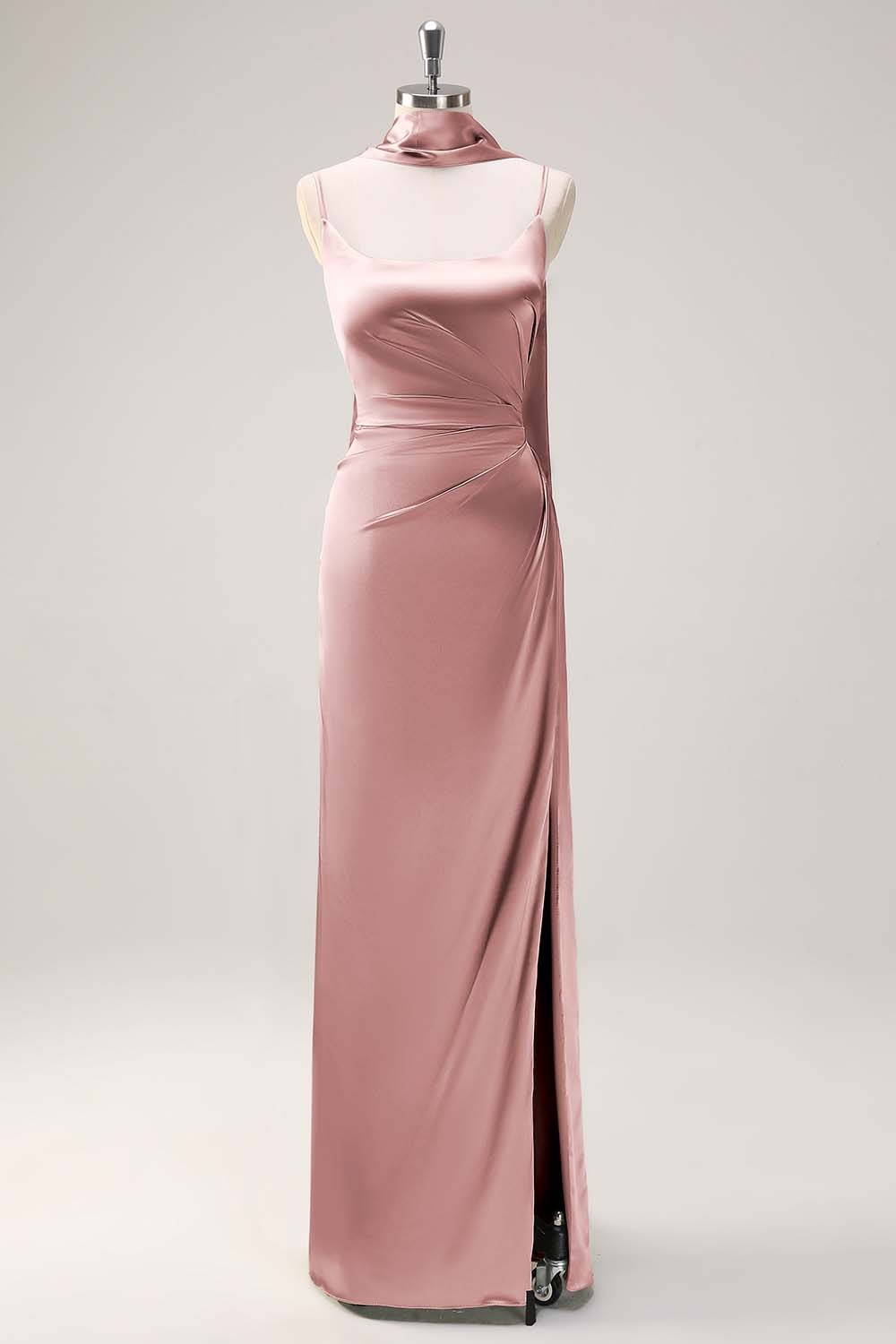 Sage Scoop Neck Sheath Satin Bridesmaid Dress with Ribbon