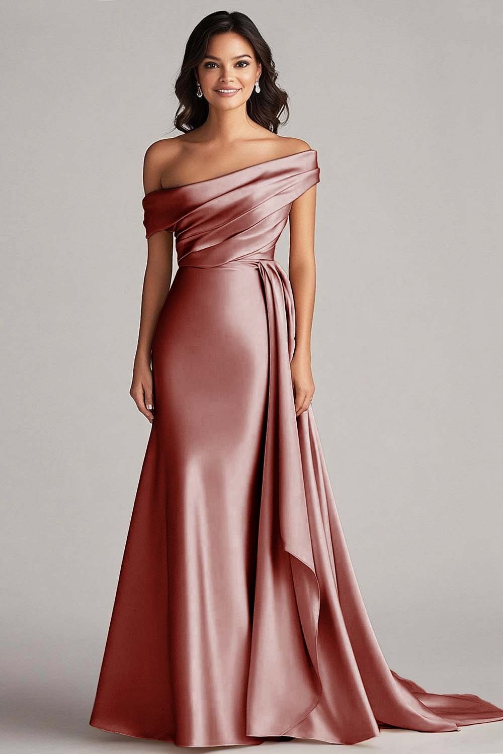 Champagne Satin Mermaid Sweep Train Formal Dress with Side Cape
