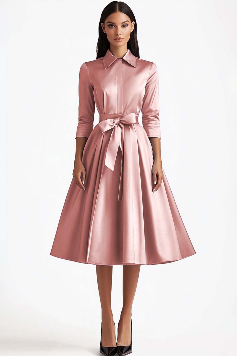 Leely Women Blue 3/4 Sleeves A-Line Formal Dress with Sash Knee Length Business Dress