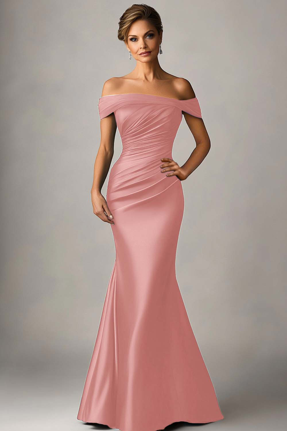 Peacock Blue Off the Shoulder Mermaid Satin Ruched Formal Dress