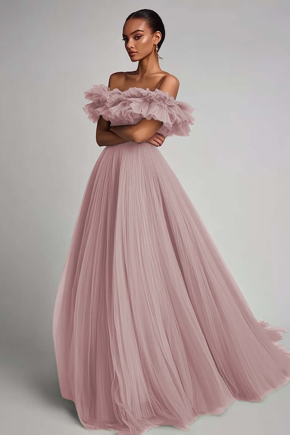 Dusty Sage Pleated Tulle A Line Long Formal Dress with Ruffles